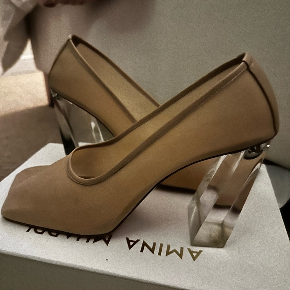 Amina Muaddi Beige Heels with Clear Block Design